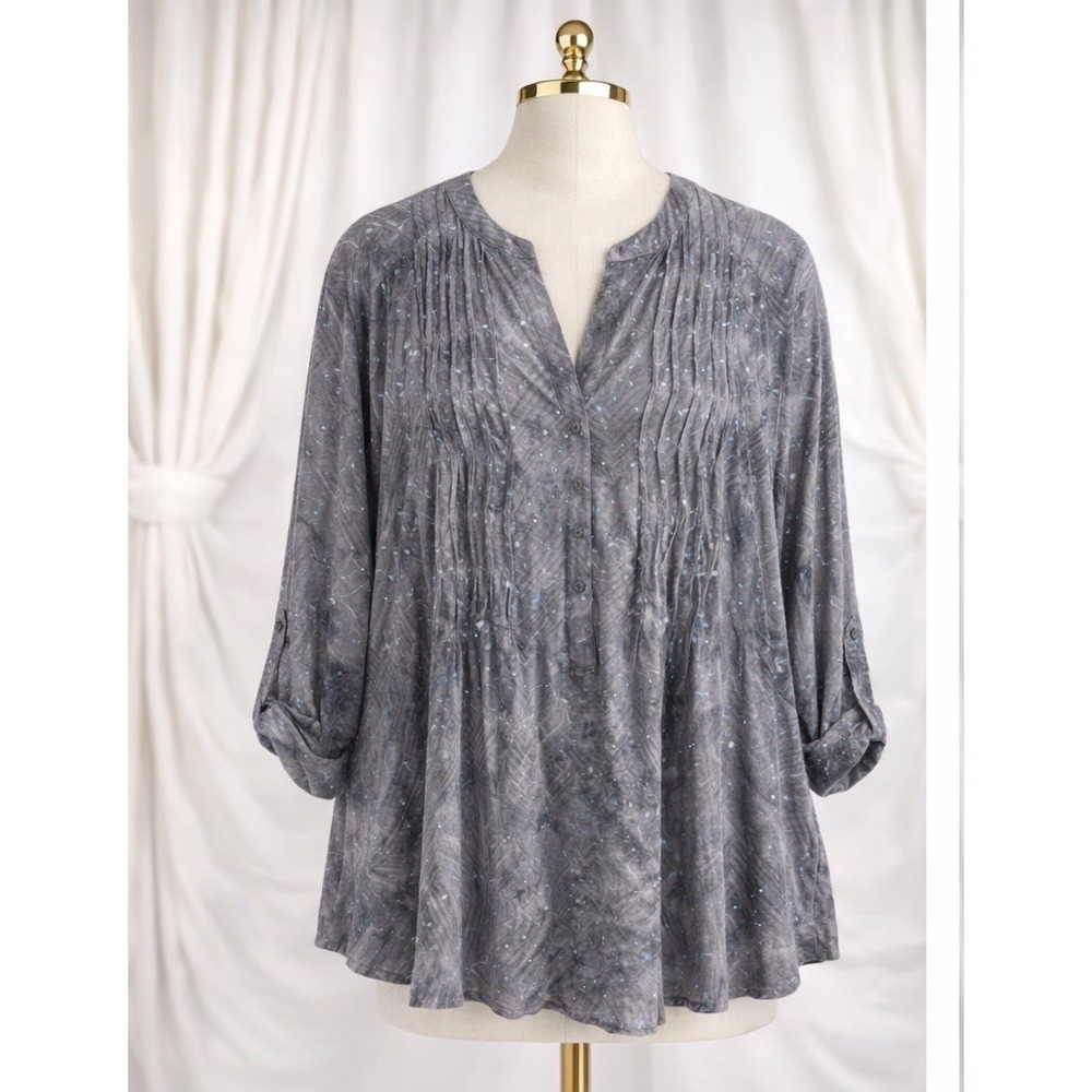 Cocomo Popover Party Top Silver Gray All Over Shimmer Stretch Roll Tab Slv 2X